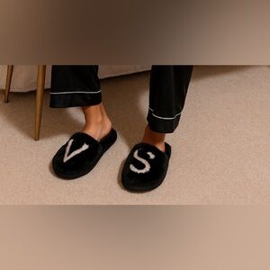 Victoria’s Secret Black Fuzzy Slippers with White initials